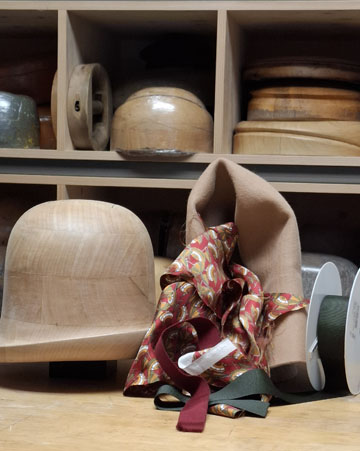 Photo of a custom hat being handmade to order in Fusanna's millinery workshop.