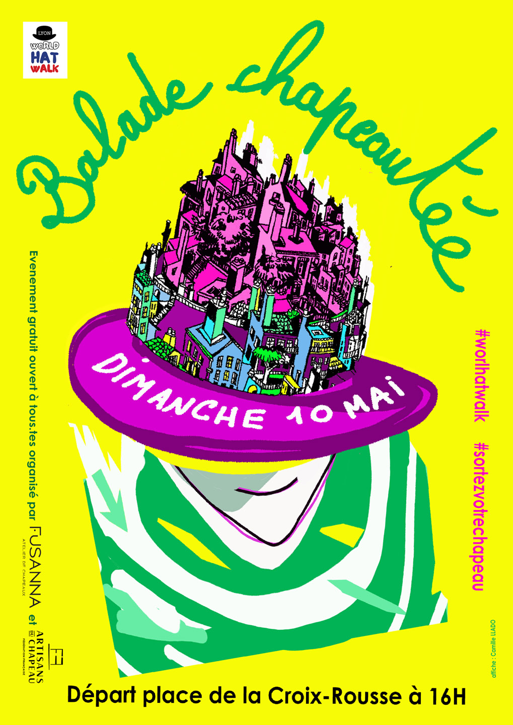 Official poster artwork for the World Hat Walk 2026 in Lyon organized by Fusanna Atelier de Chapeaux.